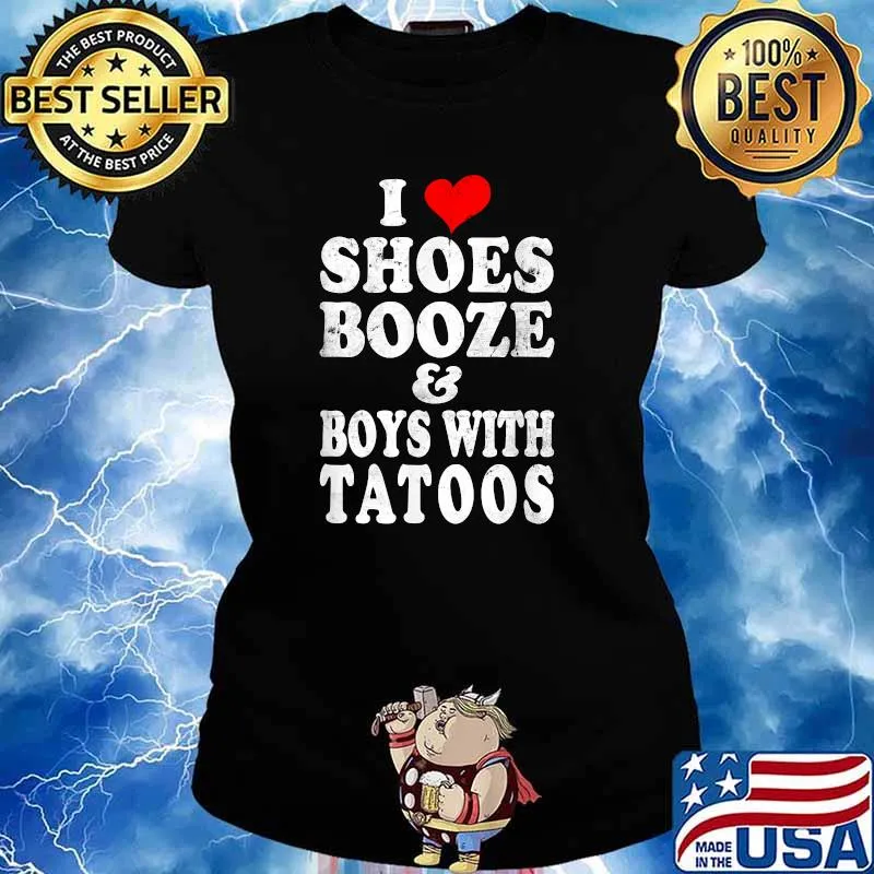 I love Shoes Booze and Boys with Tattoos Biker Heart Red T-Shirt Ladies tee