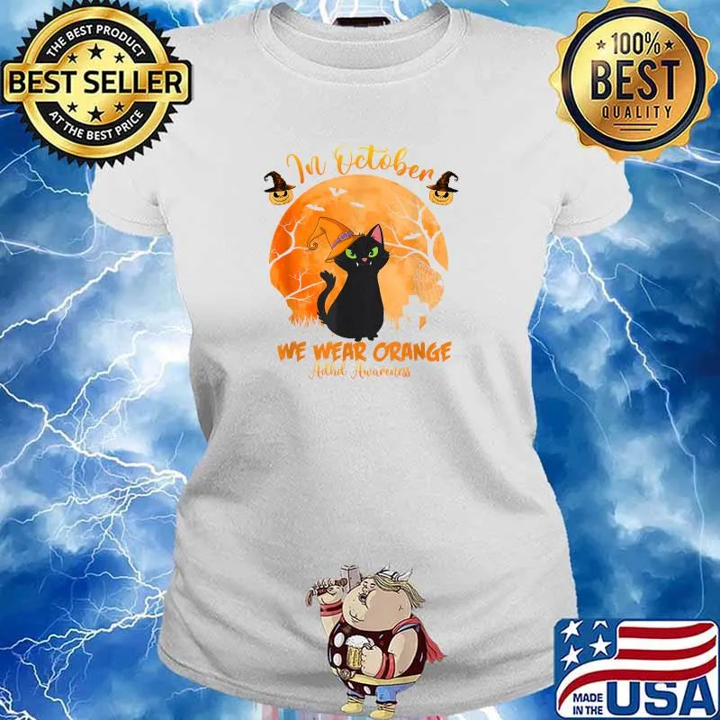 In October We Wear Orange ADHD Awareness Black Cat Blood Moon T-Shirt Ladies tee