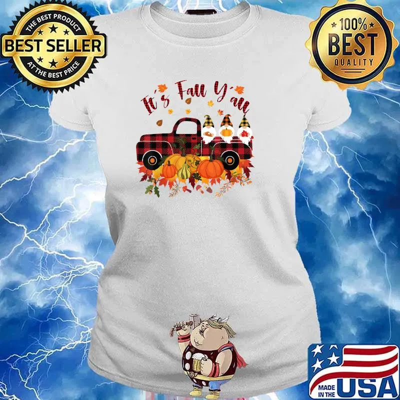 It's Fall Y'all Gnomes Pumpkin Truck Plaid Print Autumn T-Shirt Ladies tee