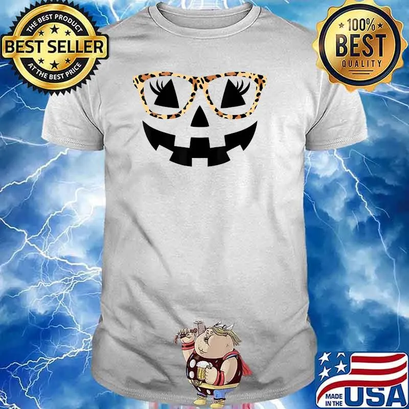 Jack O Lantern Face Pumpkin Hallowen Leopard Print Glasses T-Shirt