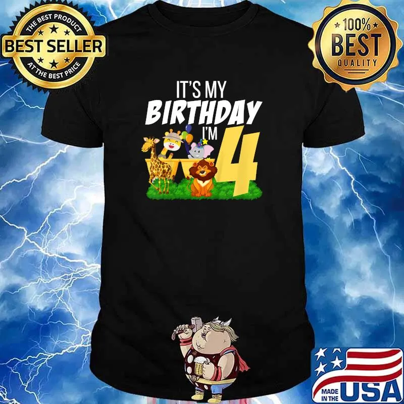 Kids It's My Birthday I'm 4 Years Old Birthday Safari Animals T-Shirt