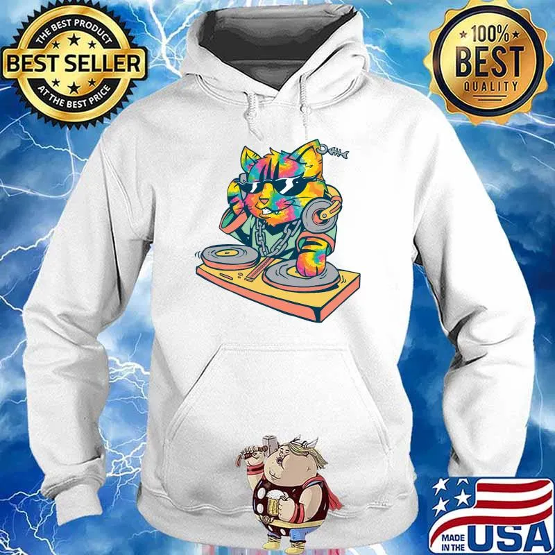 Kitty Dj Cat apparel Women Tie Dye Rainbow Music Festival T-Shirt Hoodie