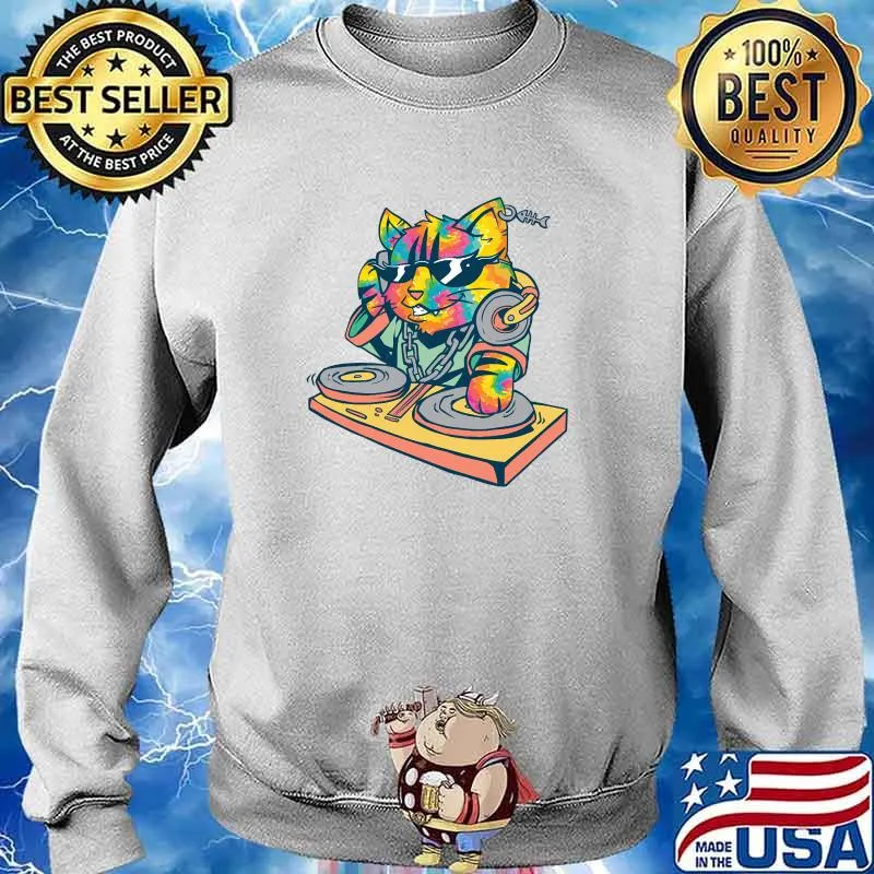 Kitty Dj Cat apparel Women Tie Dye Rainbow Music Festival T-Shirt Sweater