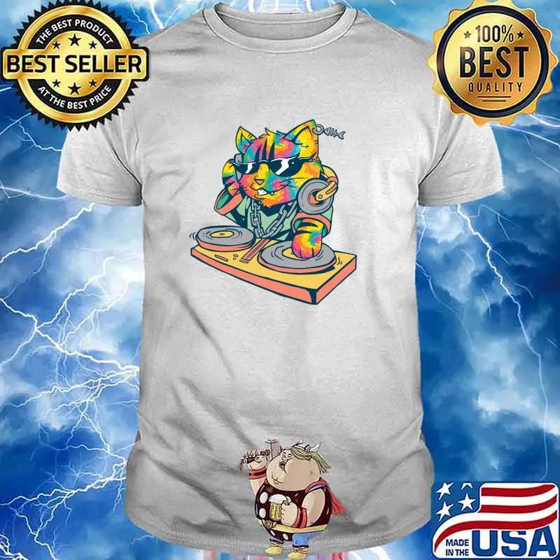 Kitty Dj Cat apparel Women Tie Dye Rainbow Music Festival T-Shirt