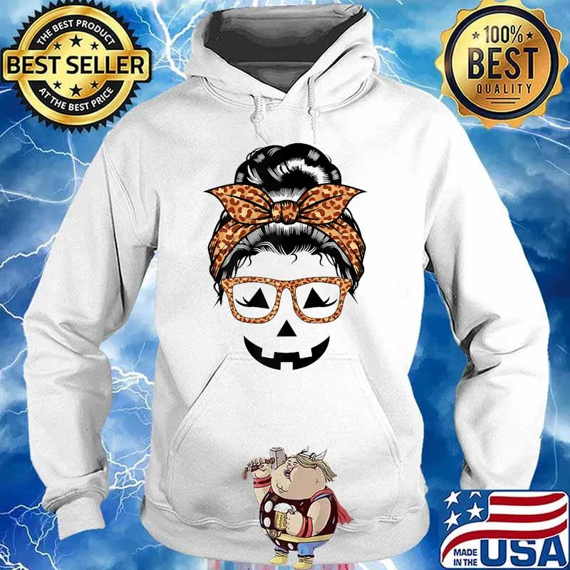 Leopard Messy Bun Jack o Lantern Face Halloween Glasses T-Shirt Hoodie