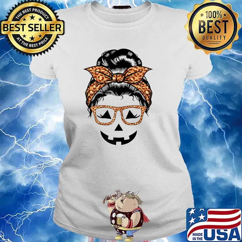 Leopard Messy Bun Jack o Lantern Face Halloween Glasses T-Shirt Ladies tee
