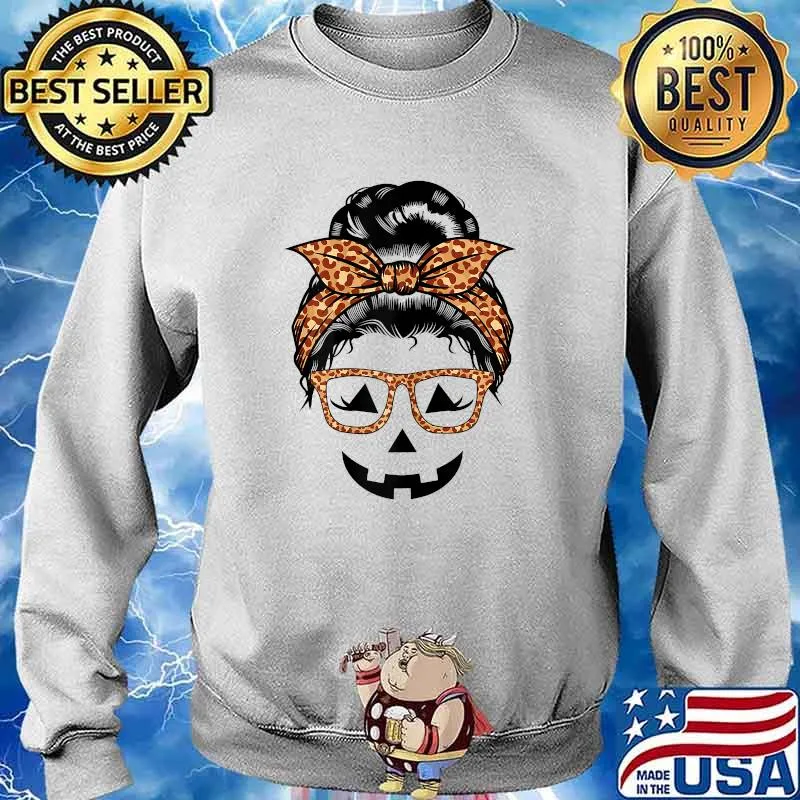 Leopard Messy Bun Jack o Lantern Face Halloween Glasses T-Shirt Sweater