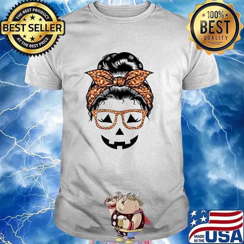 Leopard Messy Bun Jack o Lantern Face Halloween Glasses T-Shirt