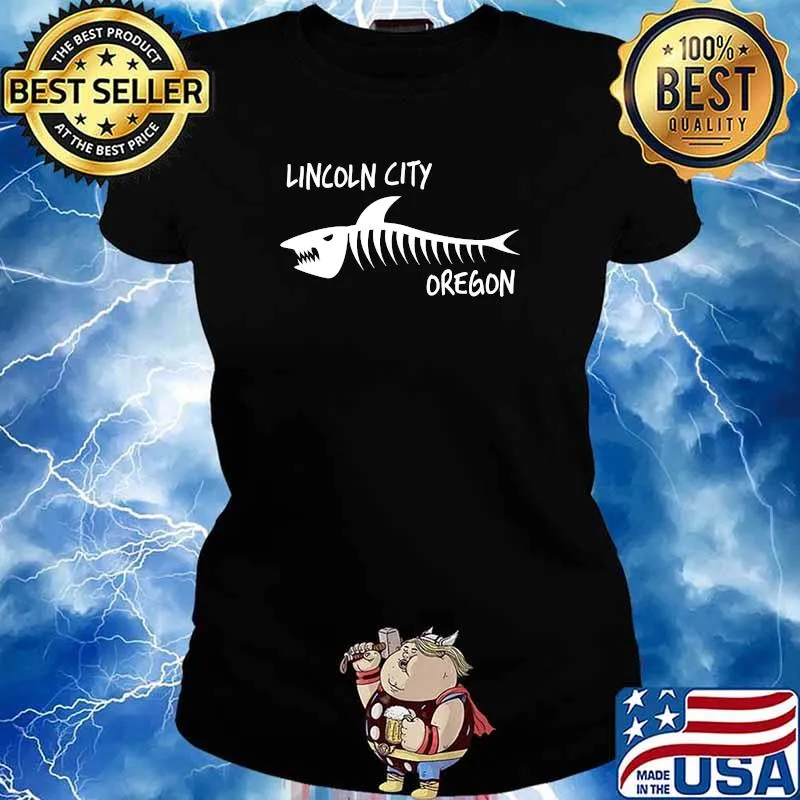 Lincoln City OR Oregon Shark Skeleton White Print Pullover Hoodie Ladies tee