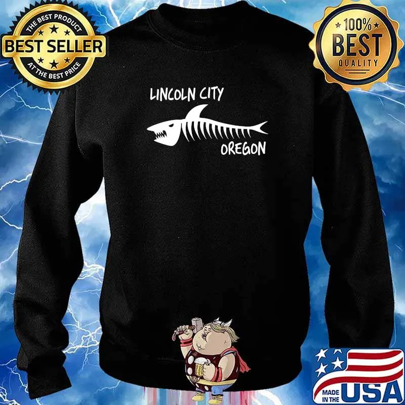 Lincoln City OR Oregon Shark Skeleton White Print Pullover Hoodie Sweater