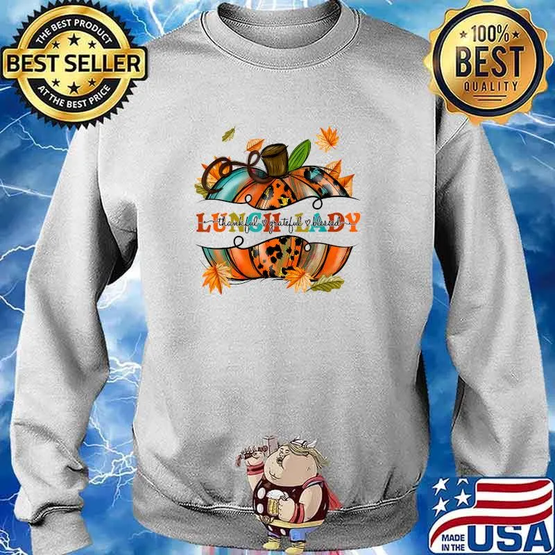 Lunch Lady Thankful Grateful Blessed Pumpkin Leopard T-Shirt Sweater