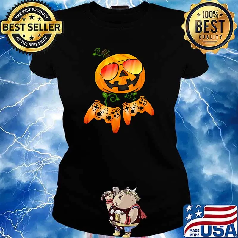 Pumpkin Video Game Controller Gamer Halloween T-Shirt Ladies tee