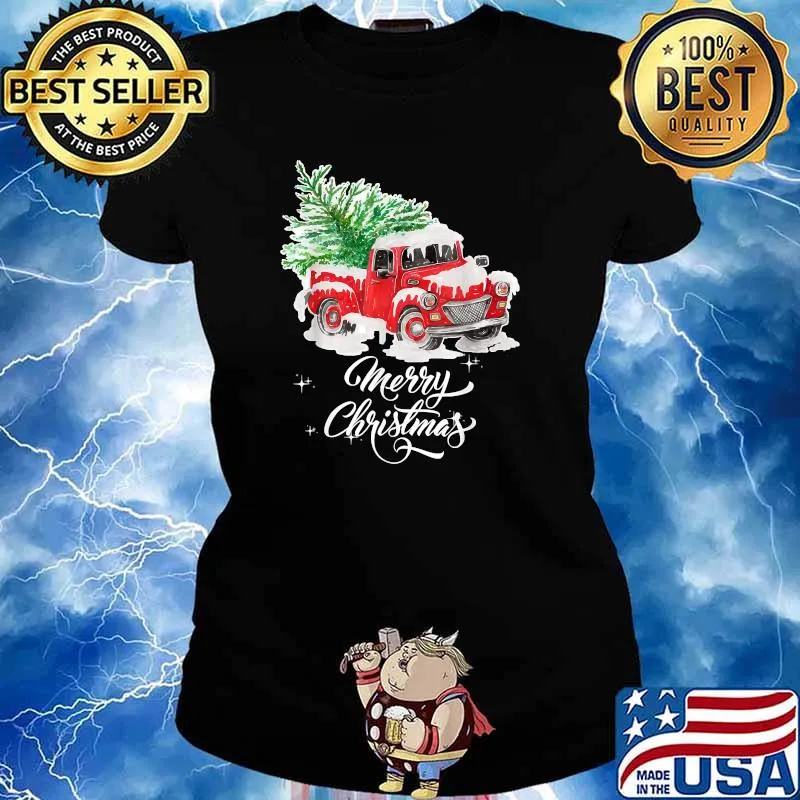 Red Truck Pick Up Christmas Tree Vintage Retro T-Shirt Ladies tee