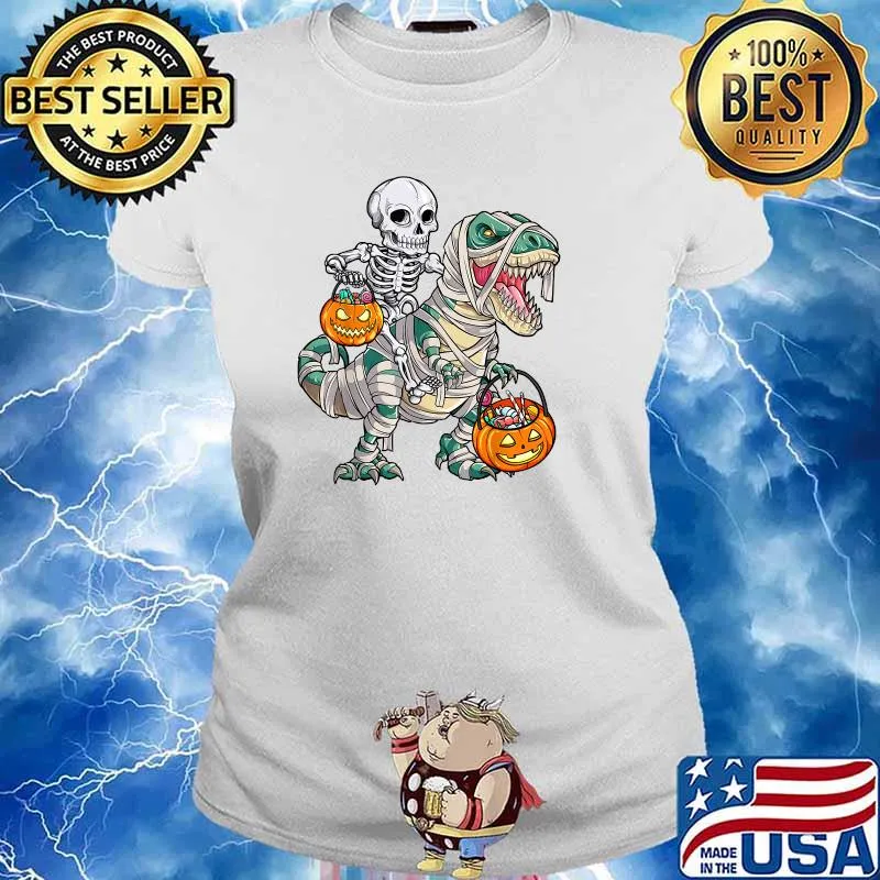Skeleton Riding Mummy Dinosaur T rex Halloween Pumpkin T-Shirt Ladies tee