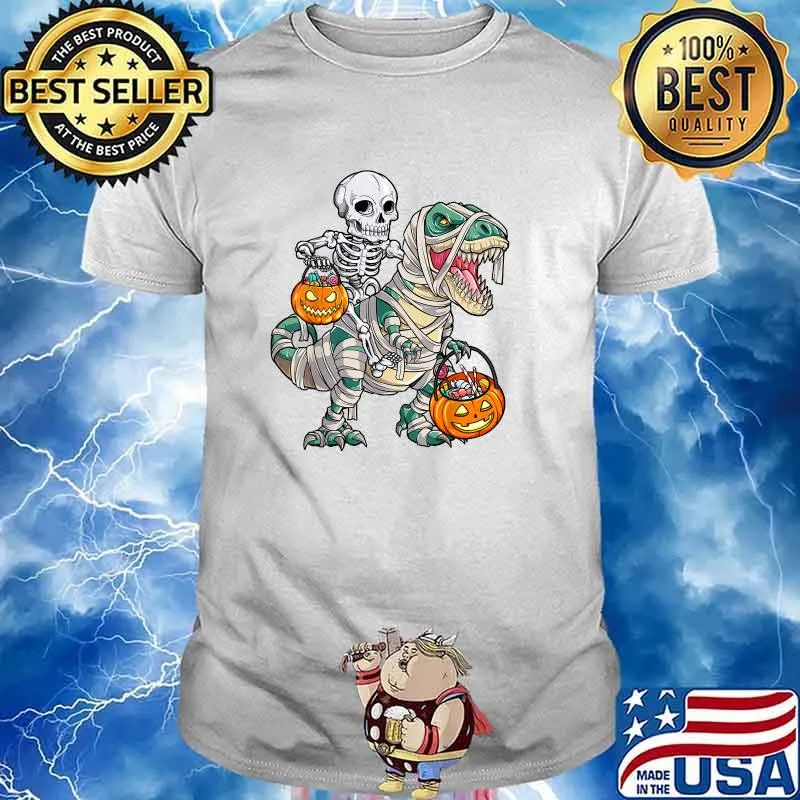 Skeleton Riding Mummy Dinosaur T rex Halloween Pumpkin T-Shirt