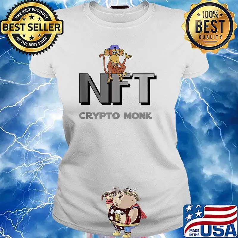 Smilecryptotees Funny NFT Crypto Monk Monkey Satire Cartoon T-Shirt Ladies tee