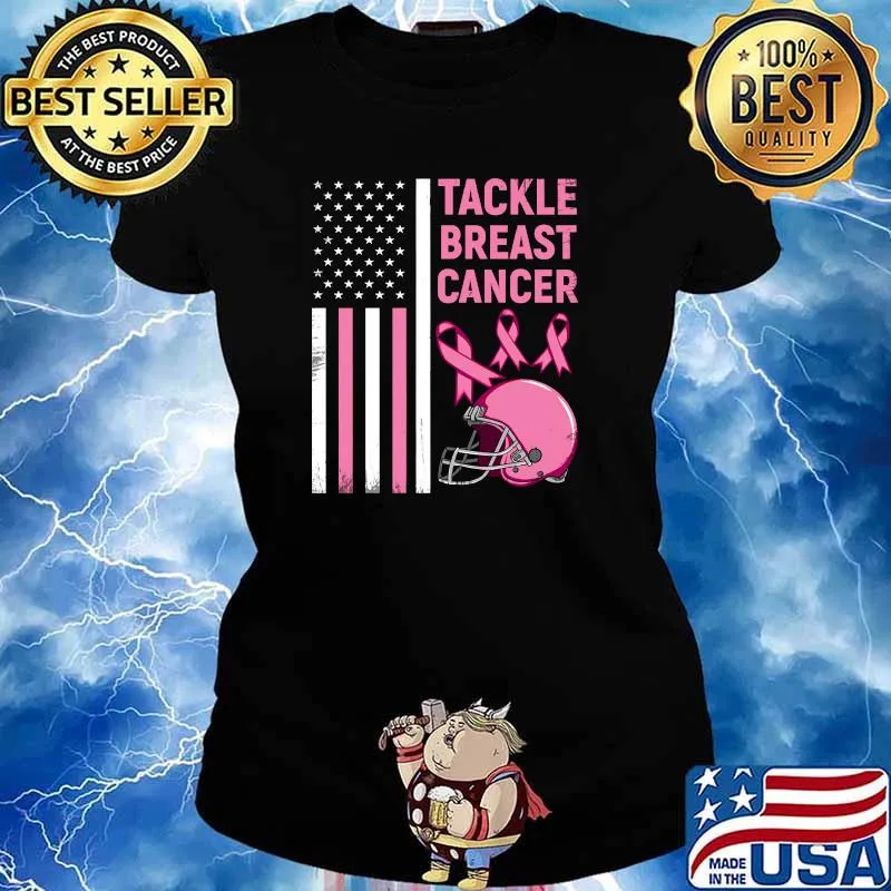 Tackle Breast Cancer Football Survivor American Flag T-Shirt Ladies tee