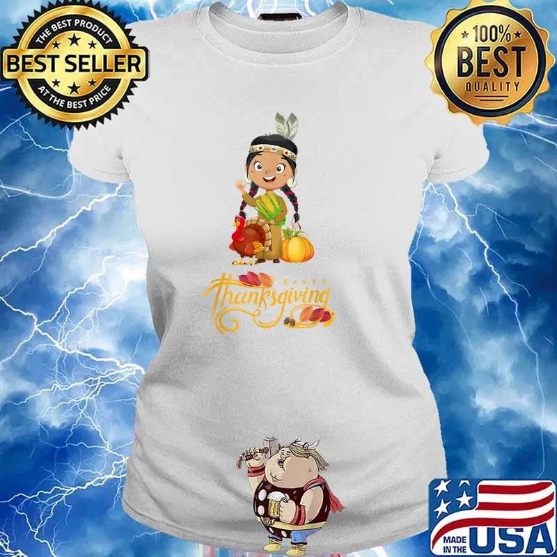 Thanksgiving Day Native American Turkey Girl Headdress T-Shirt Ladies tee