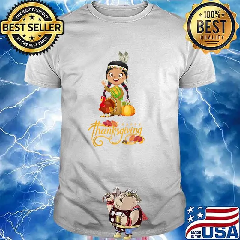 Thanksgiving Day Native American Turkey Girl Headdress T-Shirt