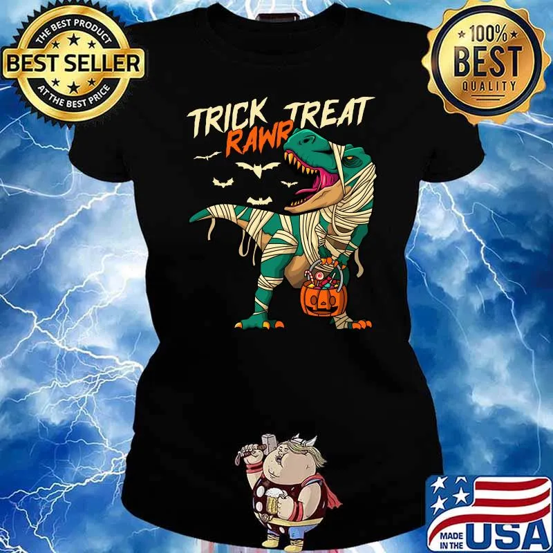 Trick Rawr Treat T Rex Dinosaur Mummy Boys Halloween T-Shirt Ladies tee