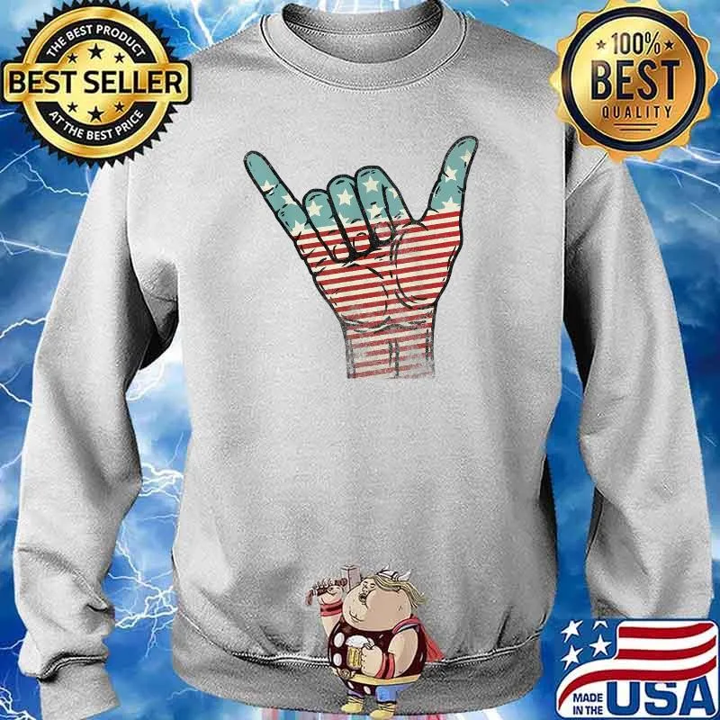 Usa Hang Loose American Shaka Hand Rock n Roll US Flag T-Shirt Sweater