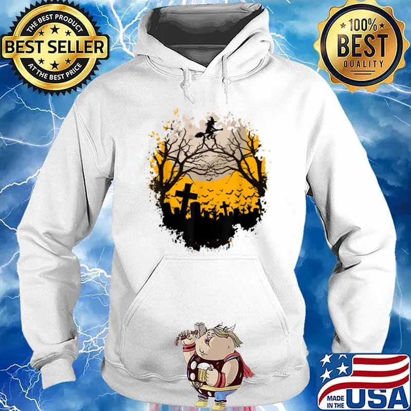 Witch rides the broom at night with moon at Halloween Shirt Hoodie