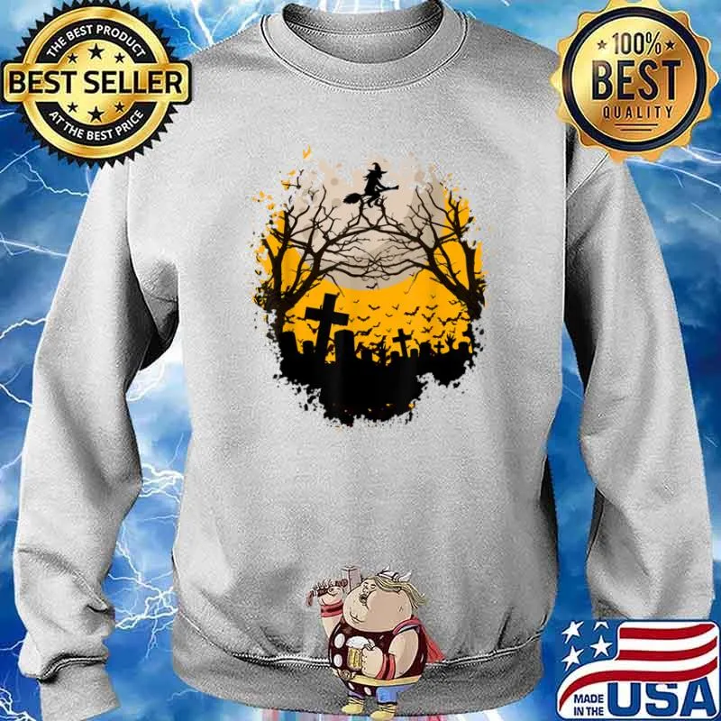 Witch rides the broom at night with moon at Halloween Shirt Sweater