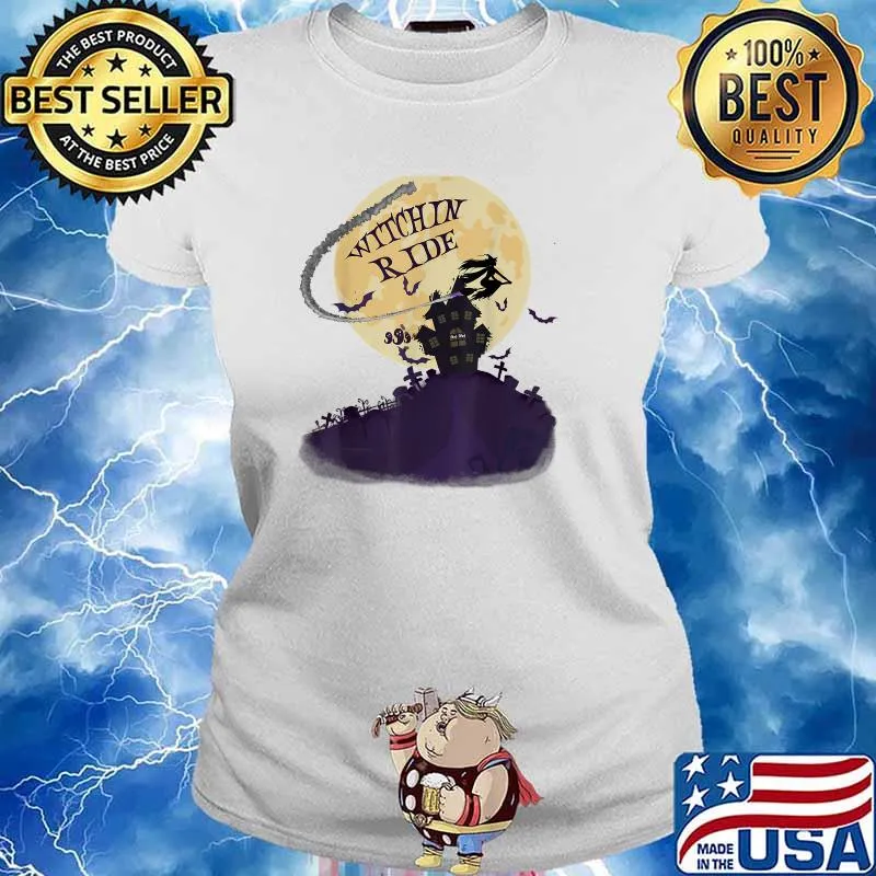 Witchin Ride Halloween Witch Riding Broom Full Moon T-Shirt Ladies tee