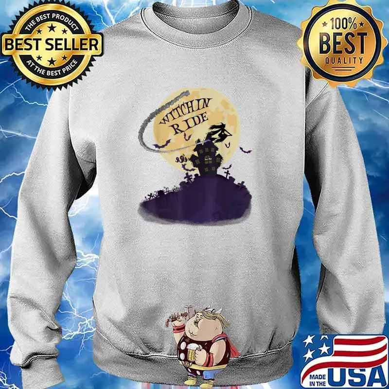 Witchin Ride Halloween Witch Riding Broom Full Moon T-Shirt Sweater