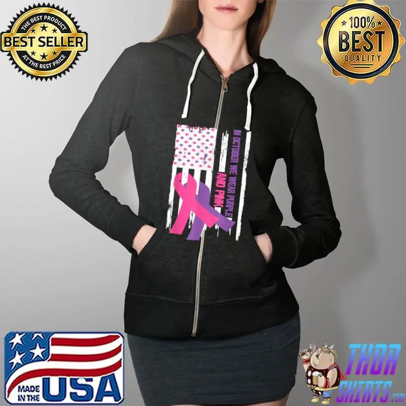 American Flag Breast Cancer and Domestic Violence Awareness T-Shirt Full Zip Hooded