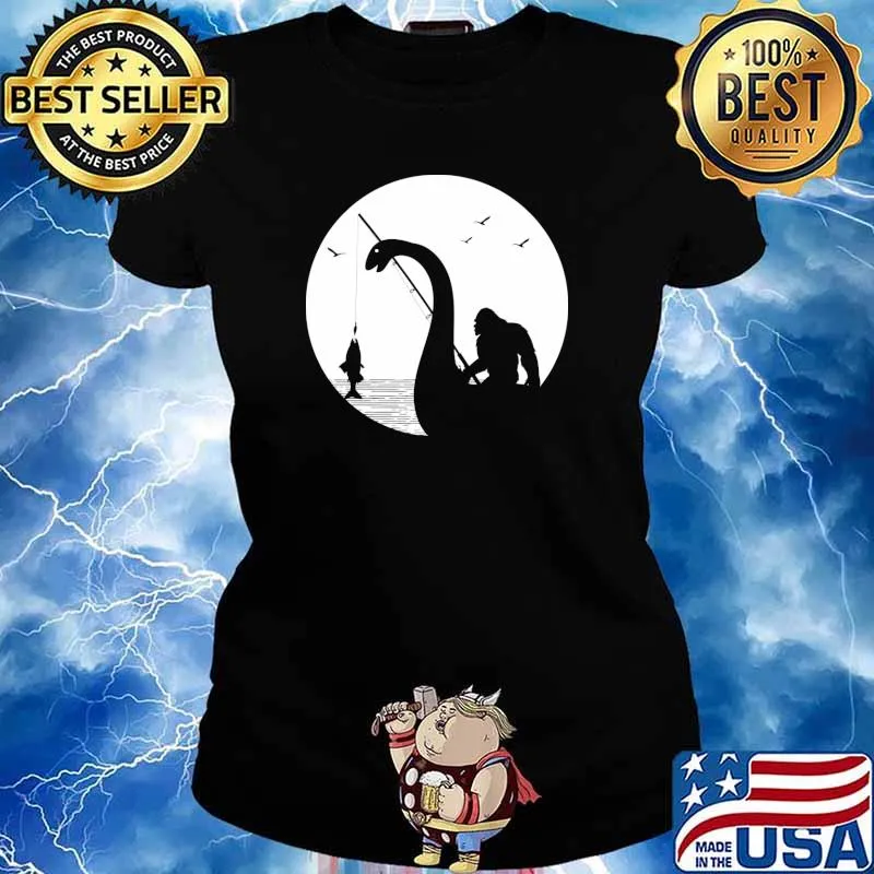 Bigfoot Fishing Loch Ness Monster Sasquatch Fishing T-Shirt Ladies tee