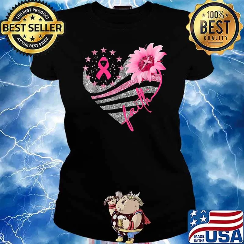 Breast Cancer Awareness Heart Sun flower faith bling bling T-Shirt Ladies tee