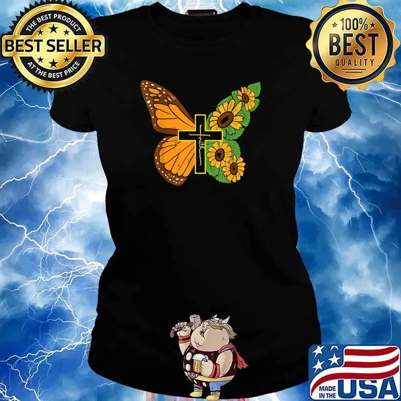 Butterfly Sunflower Cross Faith God Jesus Christian T-Shirt Ladies tee