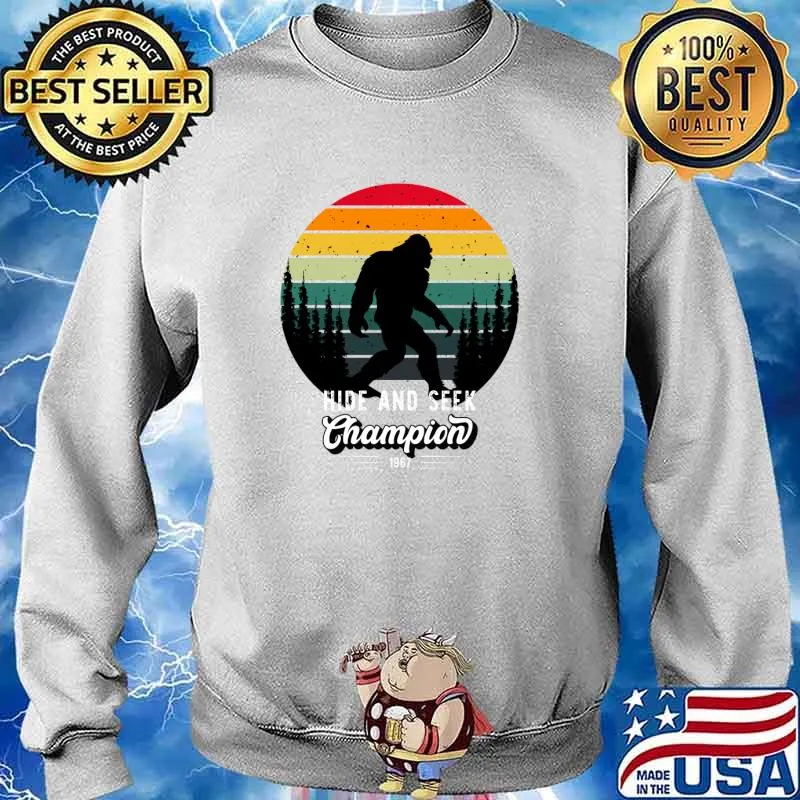 Camper Hide and Seek Bigfoot Champion Retro 1967 Funny T-Shirt Sweater