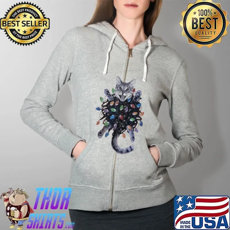 Cat Oh My God Christmas Lights Shirt Full Zip Hooded
