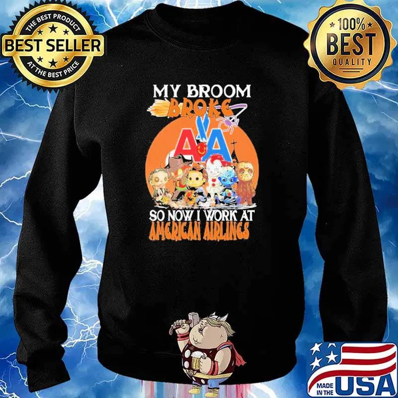Chibi Horror Movies Character My Broom Broke So Now I Work At American Airlines Halloween Shirt Sweater