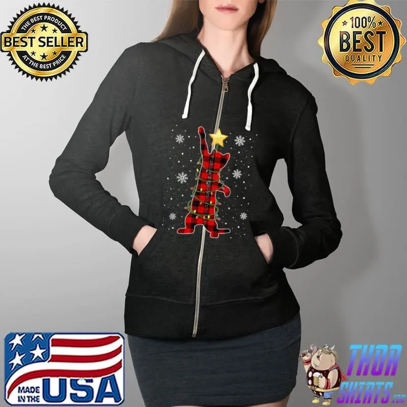 Christmas Cat Shirt, Plaid Christmas Tree Cat Pajama T-Shirt Full Zip Hooded