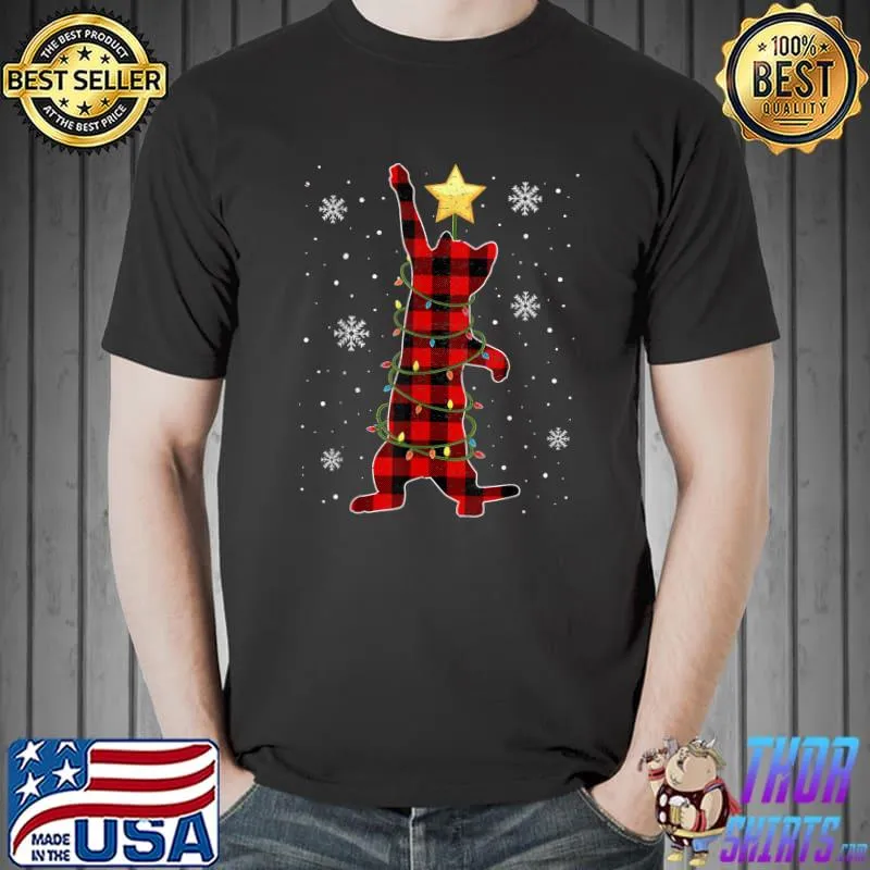 Christmas Cat Shirt, Plaid Christmas Tree Cat Pajama T-Shirt