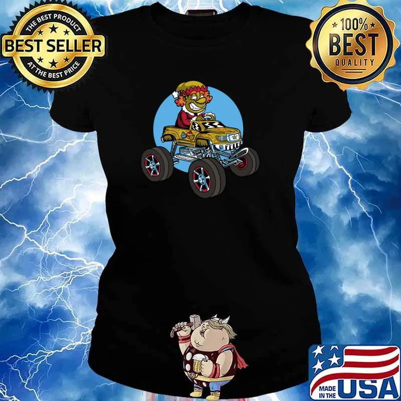 Christmas Elf Riding Monster Truck Funny T-Shirt Ladies tee