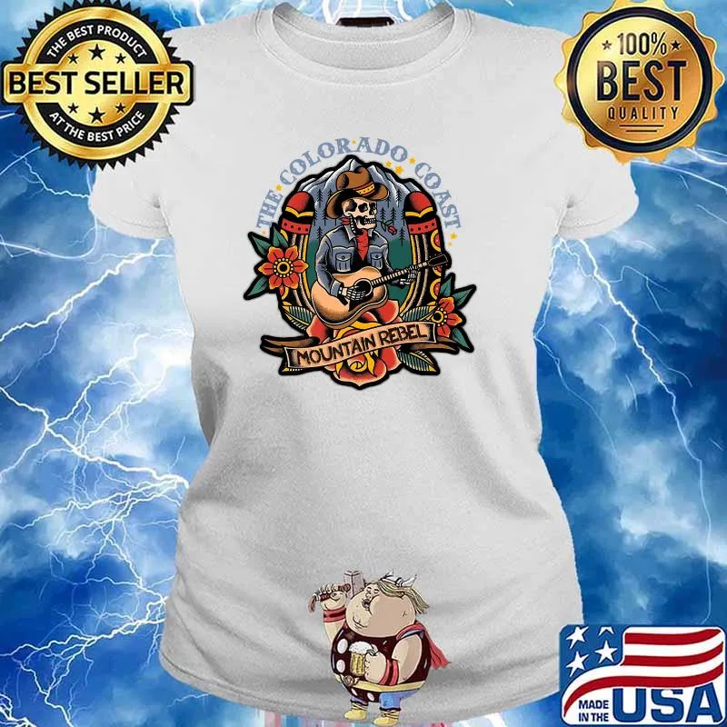 Cowboy Skeleton Playing Guitar - Colorado Mountain - Tattoo Premium T-Shirt Ladies tee