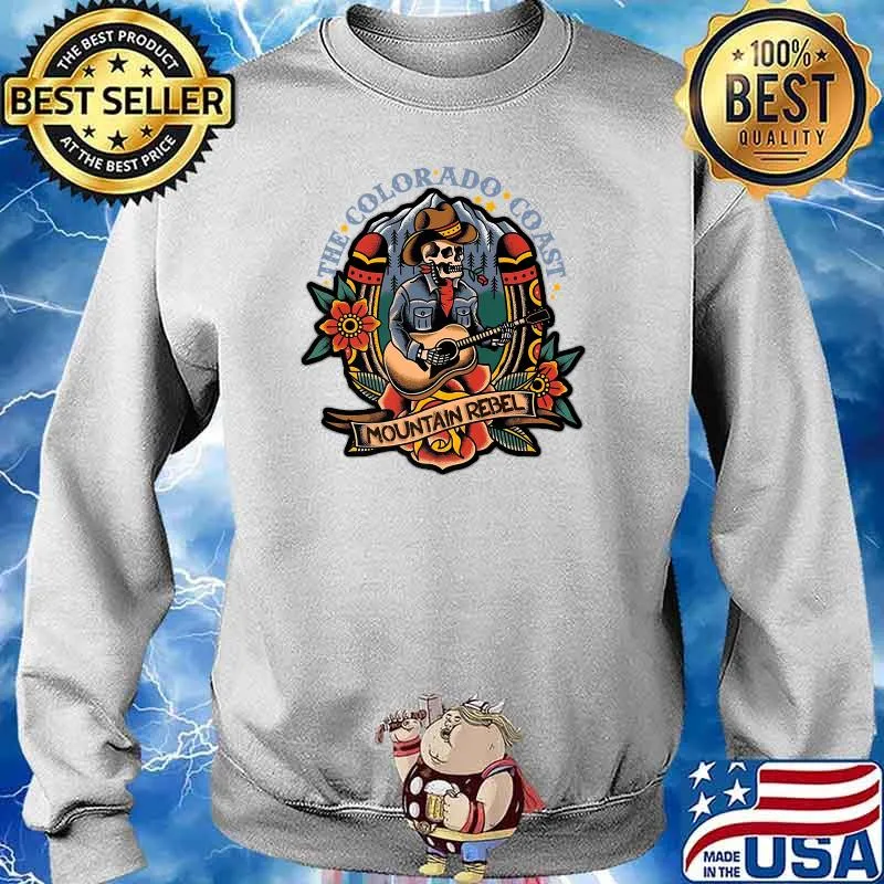Cowboy Skeleton Playing Guitar - Colorado Mountain - Tattoo Premium T-Shirt Sweater
