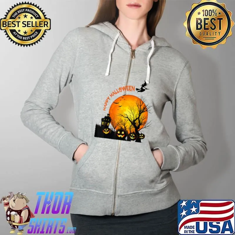 Creepy Halloween house with a witch flying and bats T-Shirt Full Zip Hooded