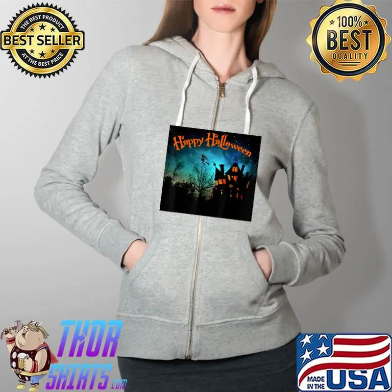 Creepy Halloween House with a Witch Flying T-Shirt Full Zip Hooded