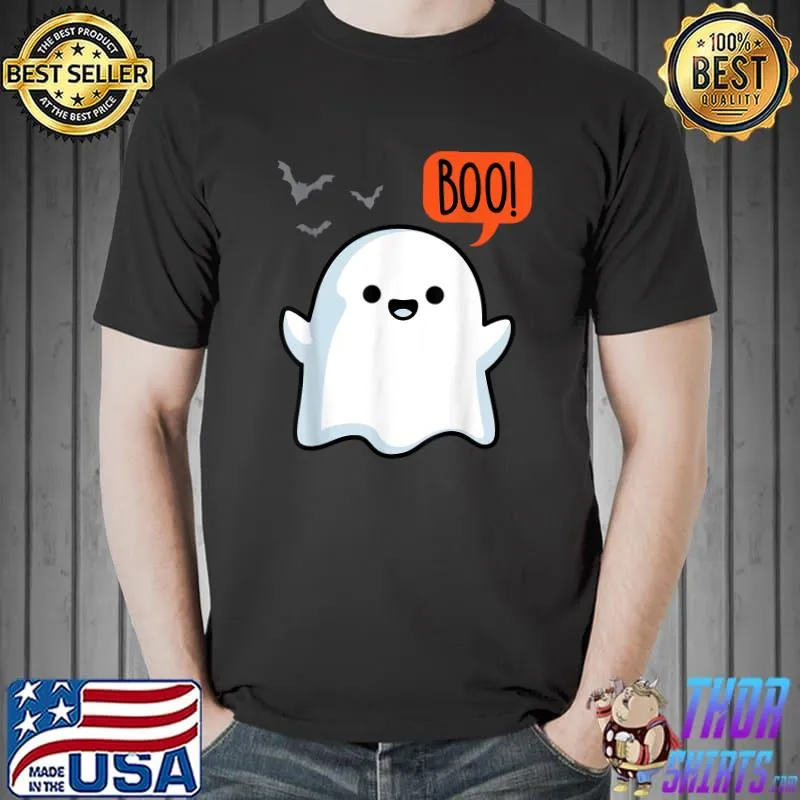 Cute Ghost Saying Boo Ghost Spooky Bats Halloween Costume T-Shirt