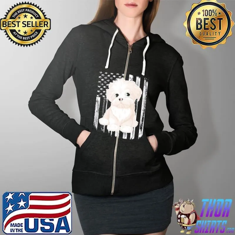 Distressed American Flag Maltese Dog Shirt 4Th Of July Shirt Full Zip Hooded