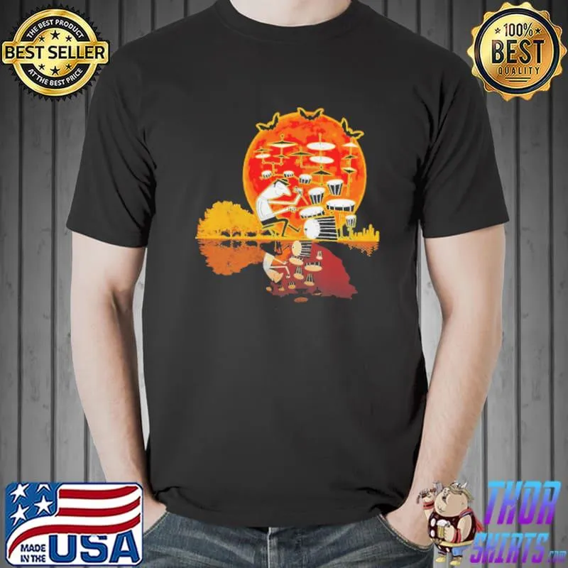 Drummer Drumming Reflection On The Lake Vintage Sunset Halloween blood moon Shirt Unisex