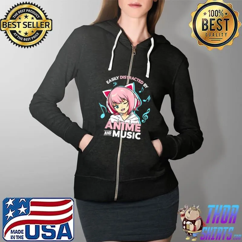 Easily Distracted By Anime and Music Women Anime Teen Girls T-Shirt Full Zip Hooded