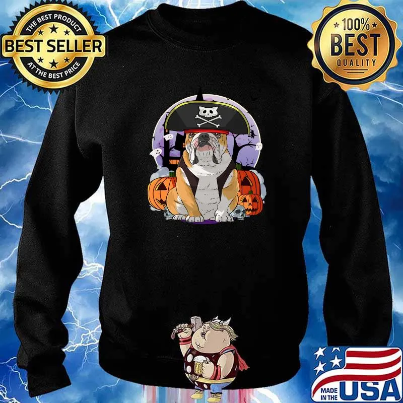 English Bulldog Pirate Halloween Witch Pumpkin T-Shirt Sweater
