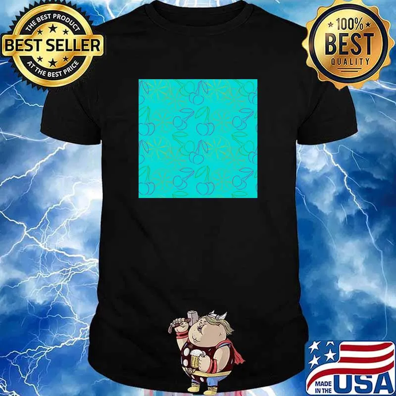 Fruit Pattern Outline cherries and lemon on blue background T-Shirt