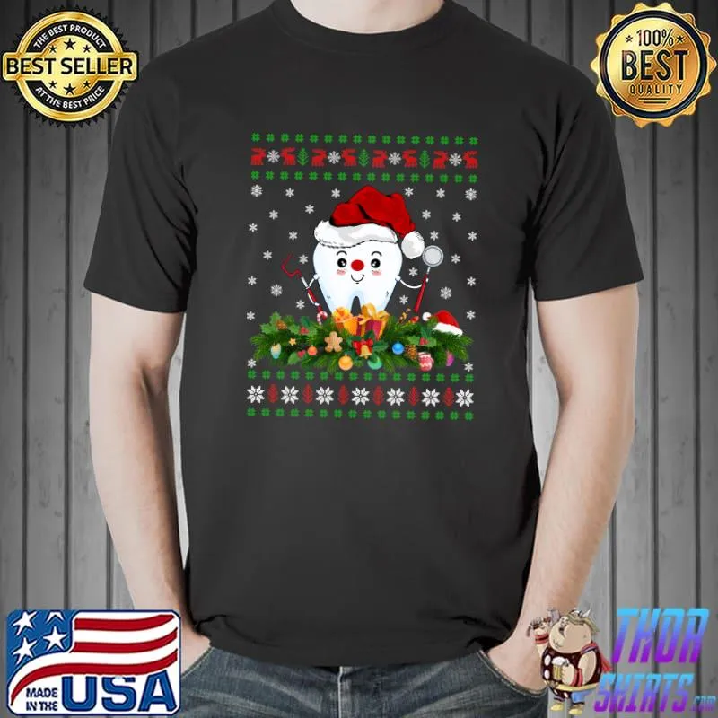 Funny Xmas Lover Santa Hat Ugly Dentist Christmas T-shirt
